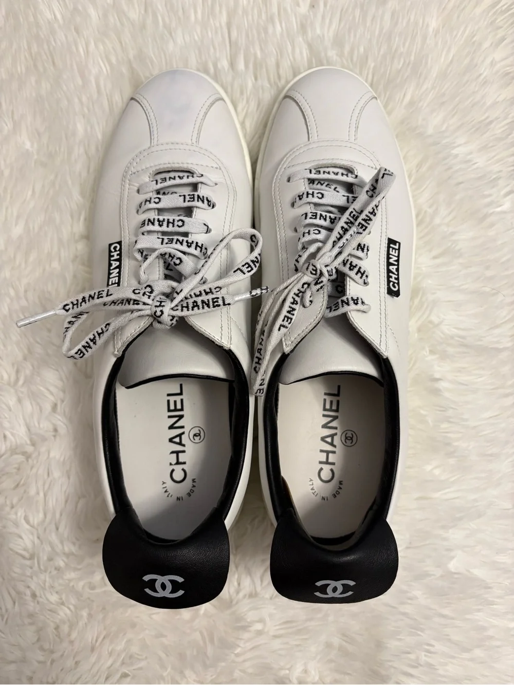CHANEL White and Black Logo Lace-Up Sneakers